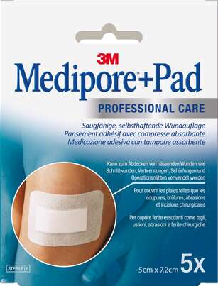 Sie sehen eine Packung 3M Medipore + Pad 5 x 7,2 cm, 5 Stück, Produktbild: 03 3M Medipore + Pad 5 x 7,2 cm, 5 Stück, A-Nr.: 1994310 - 03