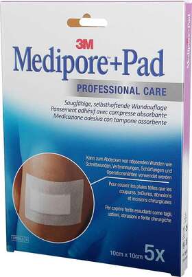 Sie sehen eine Packung 3M Medipore + Pad 10 x 10 cm, 5 Stück, Produktbild: 01 3M Medipore + Pad 10 x 10 cm, 5 Stück, A-Nr.: 2306565 - 01