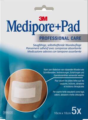 Sie sehen eine Packung 3M Medipore + Pad 10 x 10 cm, 5 Stück, Produktbild: 03 3M Medipore + Pad 10 x 10 cm, 5 Stück, A-Nr.: 2306565 - 03