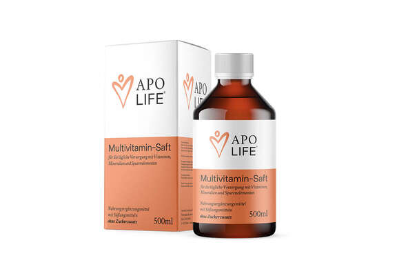 Sie sehen eine Packung Apolife Multivitaminsaft für Kinder, 500 Milliliter, Produktbild: 01 Apolife Multivitaminsaft für Kinder, 500 Milliliter, A-Nr.: 3803171 - 01