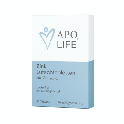 Sie sehen eine Packung Apolife Zink Lutschtabletten, 20 Stück, Produktbild: 01 Apolife Zink Lutschtabletten, 20 Stück, A-Nr.: 8035245 - 01