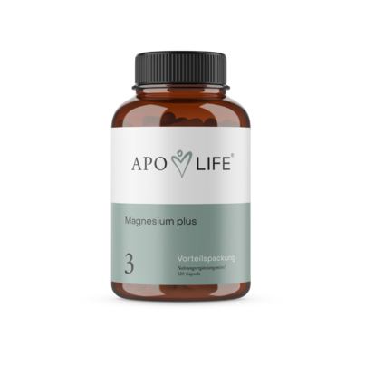 Sie sehen eine Packung Apolife Kapseln 03 Magnesium Plus, 120 Stück, Produktbild: 01 Apolife Kapseln 03 Magnesium Plus, 120 Stück, A-Nr.: 8882904 - 01