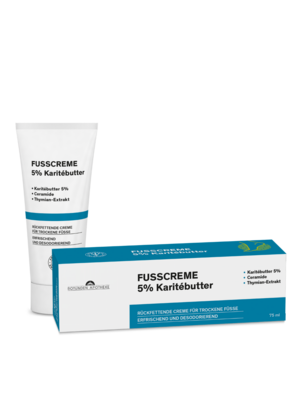 Sie sehen eine Packung Rotunden Apotheke Fusscreme mit Karitébutter 5%, 50 Milliliter, Produktbild: 01 Rotunden Apotheke Fusscreme mit Karitébutter 5%, 50 Milliliter, A-Nr.: 8067127 - 01