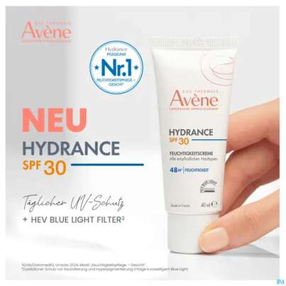 Sie sehen eine Packung Avene Hydrance Feuchtigkeitscreme Spf30 40ml, Produktbild: 12 Avene Hydrance Feuchtigkeitscreme Spf30 40ml, A-Nr.: 5961402 - 12