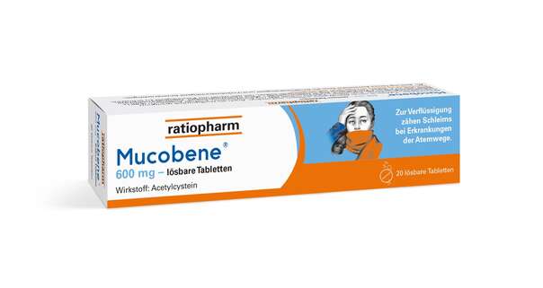 Sie sehen eine Packung Mucobene® 600 mg – lösbare Tabletten, Produktbild: 01 Mucobene® 600 mg – lösbare Tabletten, A-Nr.: 3931466 - 01