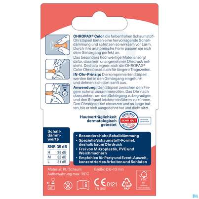 Ohrenschutz Ohropax Schaumstoffstoepsel Color Plux 8st, A-Nr.: 2281351 - 06