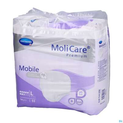 Sie sehen eine Packung Inkontinenz Molicare Premium/mobile/8 Tropfen Lila L 100-150cm 14st, Produktbild: 02 Inkontinenz Molicare Premium/mobile/8 Tropfen Lila L 100-150cm 14st, A-Nr.: 3078617 - 02