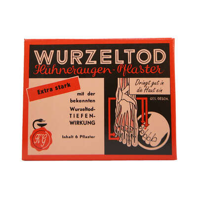 Sie sehen eine Packung Wurzeltod Hühneraugenpflaster, 6 Stück, Produktbild: 01 Wurzeltod Hühneraugenpflaster, 6 Stück, A-Nr.: 5034794 - 01