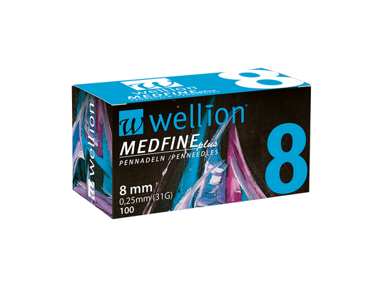 Sie sehen eine Packung WELL108 Wellion MEDFINE plus Pennadeln, 8 mm, 100 Stück, 100 Stück, Produktbild: 01 WELL108 Wellion MEDFINE plus Pennadeln, 8 mm, 100 Stück, 100 Stück, A-Nr.: 3480093 - 01