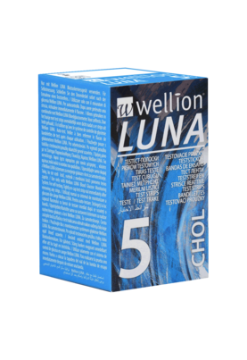Sie sehen eine Packung Wellion LUNA Teststreifen CHOL - für Cholesterinmessung, 5 Stück, Produktbild: 01 Wellion LUNA Teststreifen CHOL - für Cholesterinmessung, 5 Stück, A-Nr.: 4097396 - 01