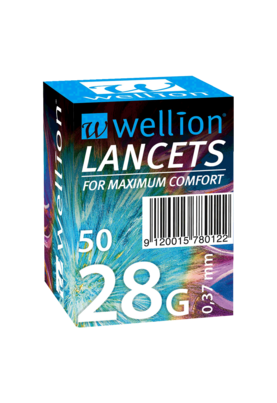 Sie sehen eine Packung Wellion 28G Lanzetten, 50 Stück, Produktbild: 01 Wellion 28G Lanzetten, 50 Stück, A-Nr.: 3144691 - 01