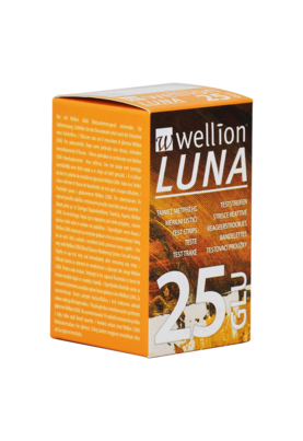 Sie sehen eine Packung Wellion LUNA Teststreifen GLU - für Blutzuckermessung, 25 Stück, Produktbild: 01 Wellion LUNA Teststreifen GLU - für Blutzuckermessung, 25 Stück, A-Nr.: 4072195 - 01