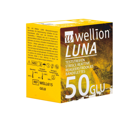 Sie sehen eine Packung Wellion LUNA Teststreifen GLU - für Blutzuckermessung, 50 Stück, Produktbild: 01 Wellion LUNA Teststreifen GLU - für Blutzuckermessung, 50 Stück, A-Nr.: 4041059 - 01