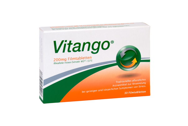 Sie sehen eine Packung Vitango® 200 mg Filmtabletten, 30 Stück, Produktbild: 01 Vitango® 200 mg Filmtabletten, 30 Stück, A-Nr.: 3539202 - 01