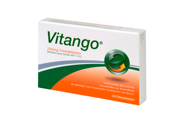 Sie sehen eine Packung Vitango® 200 mg Filmtabletten, 30 Stück, Produktbild: 02 Vitango® 200 mg Filmtabletten, 30 Stück, A-Nr.: 3539202 - 02