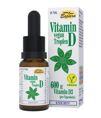 Sie sehen eine Packung Espara Vitamin D vegan Tropfen, 15 Milliliter, Produktbild: 01 Espara Vitamin D vegan Tropfen, 15 Milliliter, A-Nr.: 4495300 - 01