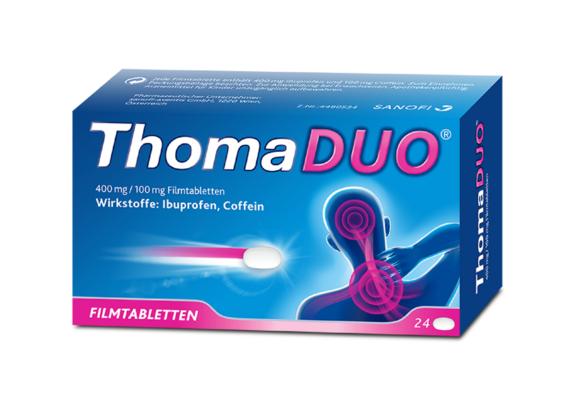 Sie sehen eine Packung ThomaDUO® 400 mg/100 mg Filmtabletten, 24 Stück, Produktbild: 01 ThomaDUO® 400 mg/100 mg Filmtabletten, 24 Stück, A-Nr.: 4480534 - 01