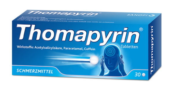 Sie sehen eine Packung Thomapyrin® - Tabletten, 30 Stück, Produktbild: 01 Thomapyrin® - Tabletten, 30 Stück, A-Nr.: 0694267 - 01
