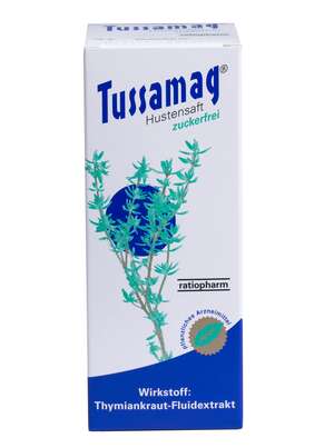 Sie sehen eine Packung Tussamag Hustensaft zuckerfrei, 150 Milliliter, Produktbild: 01 Tussamag Hustensaft zuckerfrei, 150 Milliliter, A-Nr.: 3906971 - 01