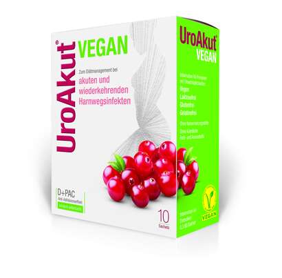 Sie sehen eine Packung Biogelat UroAkut vegan D-Mannose plus Cranberry, 10 Stück, Produktbild: 01 Biogelat UroAkut vegan D-Mannose plus Cranberry, 10 Stück, A-Nr.: 5304897 - 01