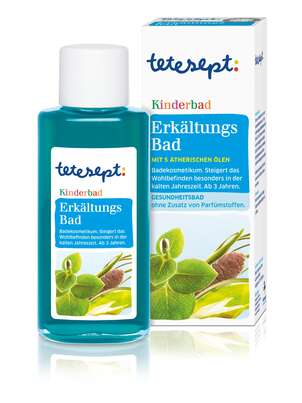Sie sehen eine Packung tetesept Gesundheitsbad Kinderbad Erkältung, 125 Milliliter, Produktbild: 01 tetesept Gesundheitsbad Kinderbad Erkältung, 125 Milliliter, A-Nr.: 1500986 - 01