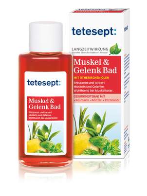 Sie sehen eine Packung tetesept Gesundheitsbad Muskel & Gelenk Bad, 125 Milliliter, Produktbild: 01 tetesept Gesundheitsbad Muskel & Gelenk Bad, 125 Milliliter, A-Nr.: 1224285 - 01