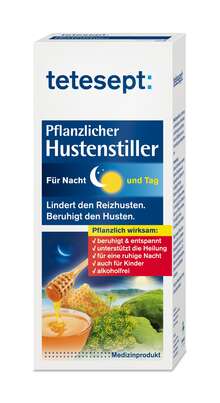 Sie sehen eine Packung tetesept Hustenstiller Tag & Nacht Isländisch Moos, 125 Milliliter, Produktbild: 01 tetesept Hustenstiller Tag & Nacht Isländisch Moos, 125 Milliliter, A-Nr.: 4056960 - 01
