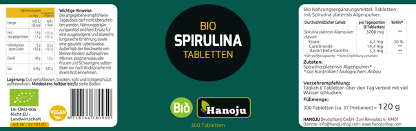 Sie sehen eine Packung Hanoju Spirulina Tabletten Bio, 300 Stück, Produktbild: 02 Hanoju Spirulina Tabletten Bio, 300 Stück, A-Nr.: 4256110 - 02