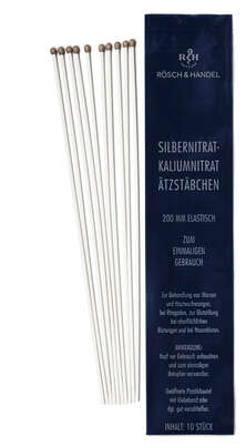 Sie sehen eine Packung SILBERNITRAT Ätzstäbchen 50% 10x200mm elastisch, 10 Stück, Produktbild: 01 SILBERNITRAT Ätzstäbchen 50% 10x200mm elastisch, 10 Stück, A-Nr.: 1304676 - 01