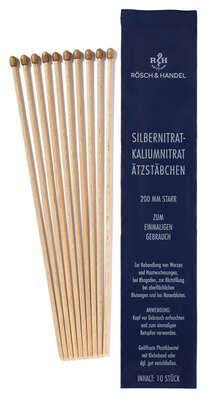 Sie sehen eine Packung SILBERNITRAT Ätzstäbchen 50% 10x200mm starr, 10 Stück, Produktbild: 01 SILBERNITRAT Ätzstäbchen 50% 10x200mm starr, 10 Stück, A-Nr.: 1304647 - 01
