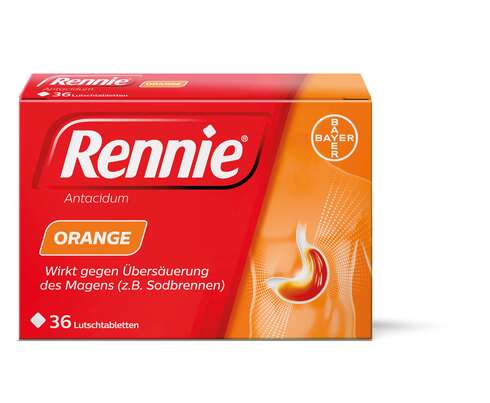 Sie sehen eine Packung Rennie® Antacidum Orange-Lutschtabletten, 36 Stück, Produktbild: 01 Rennie® Antacidum Orange-Lutschtabletten, 36 Stück, A-Nr.: 4208281 - 01