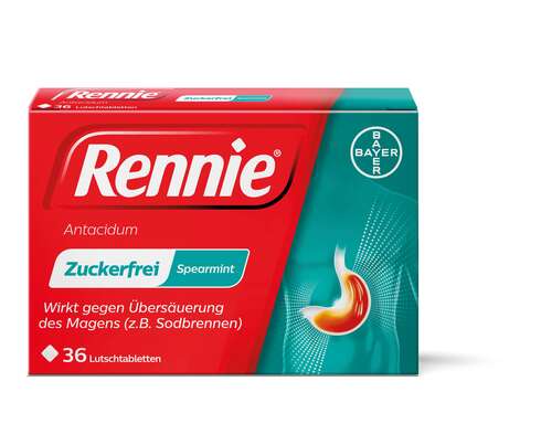 Sie sehen eine Packung Rennie® Antacidum Spearmint-Lutschtabletten, 36 Stück, Produktbild: 01 Rennie® Antacidum Spearmint-Lutschtabletten, 36 Stück, A-Nr.: 2438841 - 01