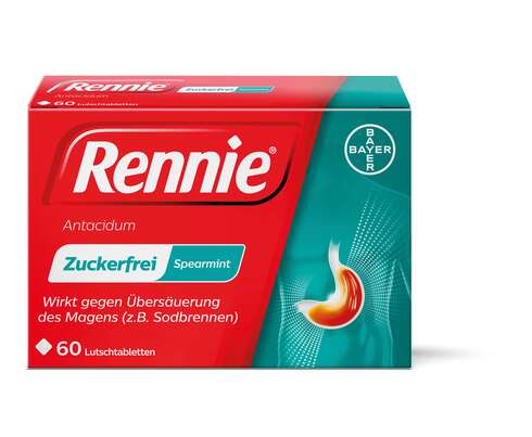 Sie sehen eine Packung Rennie® Antacidum Spearmint-Lutschtabletten, 60 Stück, Produktbild: 01 Rennie® Antacidum Spearmint-Lutschtabletten, 60 Stück, A-Nr.: 3511310 - 01