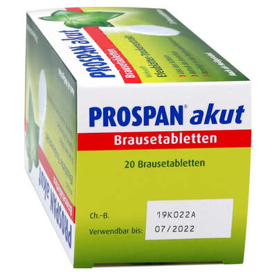 Sie sehen eine Packung Prospan® akut Brausetabletten, 20 Stück, Produktbild: 01 Prospan® akut Brausetabletten, 20 Stück, A-Nr.: 1347042 - 01