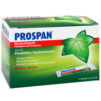 Sie sehen eine Packung Prospan® Hustenliquid im Portionsbeutel, 21 Stück, Produktbild: 01 Prospan® Hustenliquid im Portionsbeutel, 21 Stück, A-Nr.: 3521509 - 01