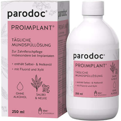 Sie sehen eine Packung parodoc® PROIMPLANT®, 250 Milliliter, Produktbild: 01 parodoc® PROIMPLANT®, 250 Milliliter, A-Nr.: 3896014 - 01