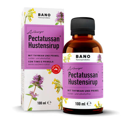 Sie sehen eine Packung BANO PECTATUSSAN THYMIAN PRIMEL HUSTENSIRUP 100ml, 100 Milliliter, Produktbild: 01 BANO PECTATUSSAN THYMIAN PRIMEL HUSTENSIRUP 100ml, 100 Milliliter, A-Nr.: 4176894 - 01