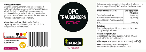Hanoju OPC Traubenkern Extrakt Kapseln 400mg, 90 Stück, A-Nr.: 4385356 - 02