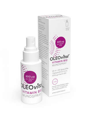 Sie sehen eine Packung OLEOvital® Vitamin B12 Mundspray, 25 Milliliter, Produktbild: 01 OLEOvital® Vitamin B12 Mundspray, 25 Milliliter, A-Nr.: 4768407 - 01