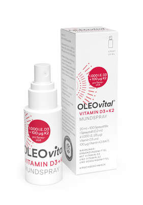 Sie sehen eine Packung OLEOvital® Vitamin D3+K2 Mundspray, 20 Milliliter, Produktbild: 01 OLEOvital® Vitamin D3+K2 Mundspray, 20 Milliliter, A-Nr.: 4768399 - 01