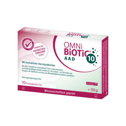 Sie sehen eine Packung OMNi-BiOTiC® 10 AAD, 10 Sachets a 5g, 10 Stück, Produktbild: 01 OMNi-BiOTiC® 10 AAD, 10 Sachets a 5g, 10 Stück, A-Nr.: 4741851 - 01