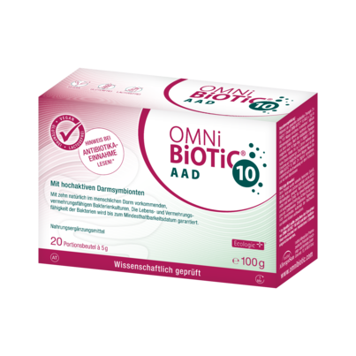 Sie sehen eine Packung OMNi-BiOTiC® 10 AAD, 20 Sachets a 5g, 20 Stück, Produktbild: 01 OMNi-BiOTiC® 10 AAD, 20 Sachets a 5g, 20 Stück, A-Nr.: 4741868 - 01