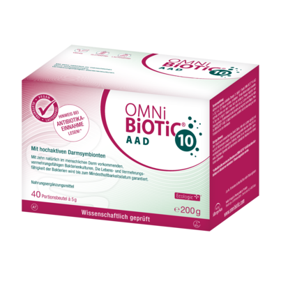 Sie sehen eine Packung OMNi-BiOTiC® 10 AAD, 10 Sachets a 5g, 40 Stück, Produktbild: 01 OMNi-BiOTiC® 10 AAD, 10 Sachets a 5g, 40 Stück, A-Nr.: 4741874 - 01