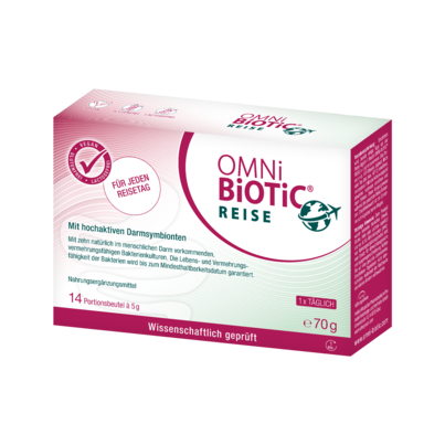 Sie sehen eine Packung OMNi-BiOTiC® Reise, 14 Sachets a 5g, 14 Stück, Produktbild: 01 OMNi-BiOTiC® Reise, 14 Sachets a 5g, 14 Stück, A-Nr.: 3172919 - 01