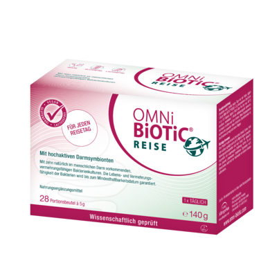 Sie sehen eine Packung OMNi-BiOTiC® Reise, 28 Sachets a 5g, 28 Stück, Produktbild: 01 OMNi-BiOTiC® Reise, 28 Sachets a 5g, 28 Stück, A-Nr.: 3172925 - 01