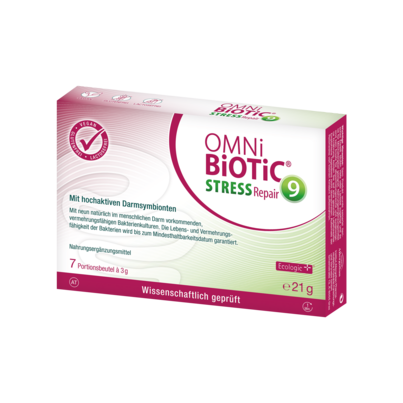 Sie sehen eine Packung OMNi-BiOTiC® Stress Repair, 7 Sachets a 3g, 7 Stück, Produktbild: 01 OMNi-BiOTiC® Stress Repair, 7 Sachets a 3g, 7 Stück, A-Nr.: 3834591 - 01
