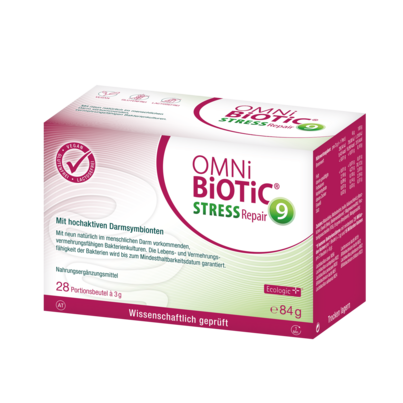 Sie sehen eine Packung OMNi-BiOTiC® Stress Repair, 28 Sachets a 3g, 28 Stück, Produktbild: 01 OMNi-BiOTiC® Stress Repair, 28 Sachets a 3g, 28 Stück, A-Nr.: 3834616 - 01