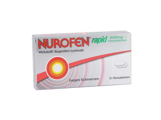 Sie sehen eine Packung Nurofen Rapid 400 mg Filmtabletten, 12 Stück, Produktbild: 01 Nurofen Rapid 400 mg Filmtabletten, 12 Stück, A-Nr.: 3528629 - 01