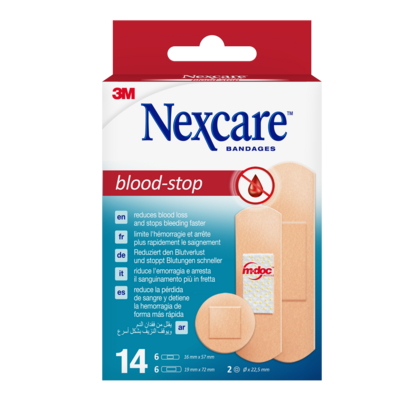 Sie sehen eine Packung Nexcare™ Bloodstop Strips, 3 Grössen assortiert, 14 Stk., 14 Stück, Produktbild: 01 Nexcare™ Bloodstop Strips, 3 Grössen assortiert, 14 Stk., 14 Stück, A-Nr.: 2996386 - 01
