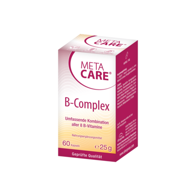 Sie sehen eine Packung META-CARE® B-Complex, 60 Kapseln, 60 Stück, Produktbild: 01 META-CARE® B-Complex, 60 Kapseln, 60 Stück, A-Nr.: 3492707 - 01